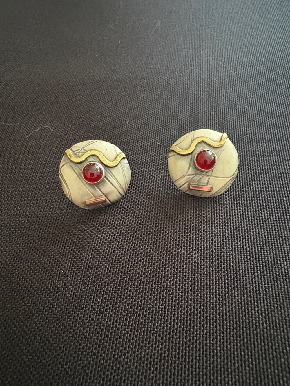 Sterling Silver, Gold, Copper and Carnelian Cabochon Round Post Earrings